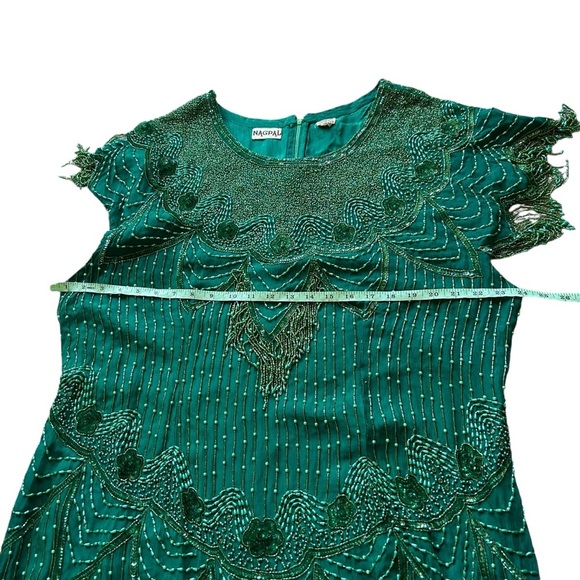 Nagpal vintage green beaded silk dress size medium 80s prom formal flapper gown - Picture 8 of 12